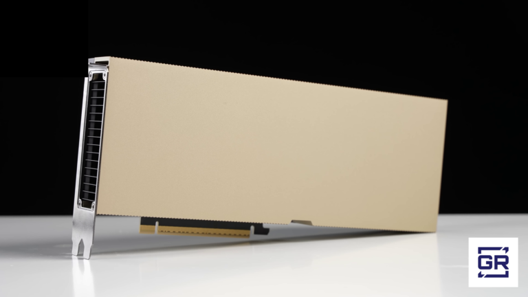 NVIDIA H100 GPU module against black background, with GPU Resource brand badge